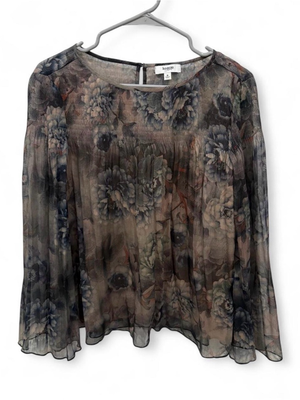 Kensie Sheer Dark Moody Romantic Floral Blouse Small Bell Sleeve Pleated Grunge